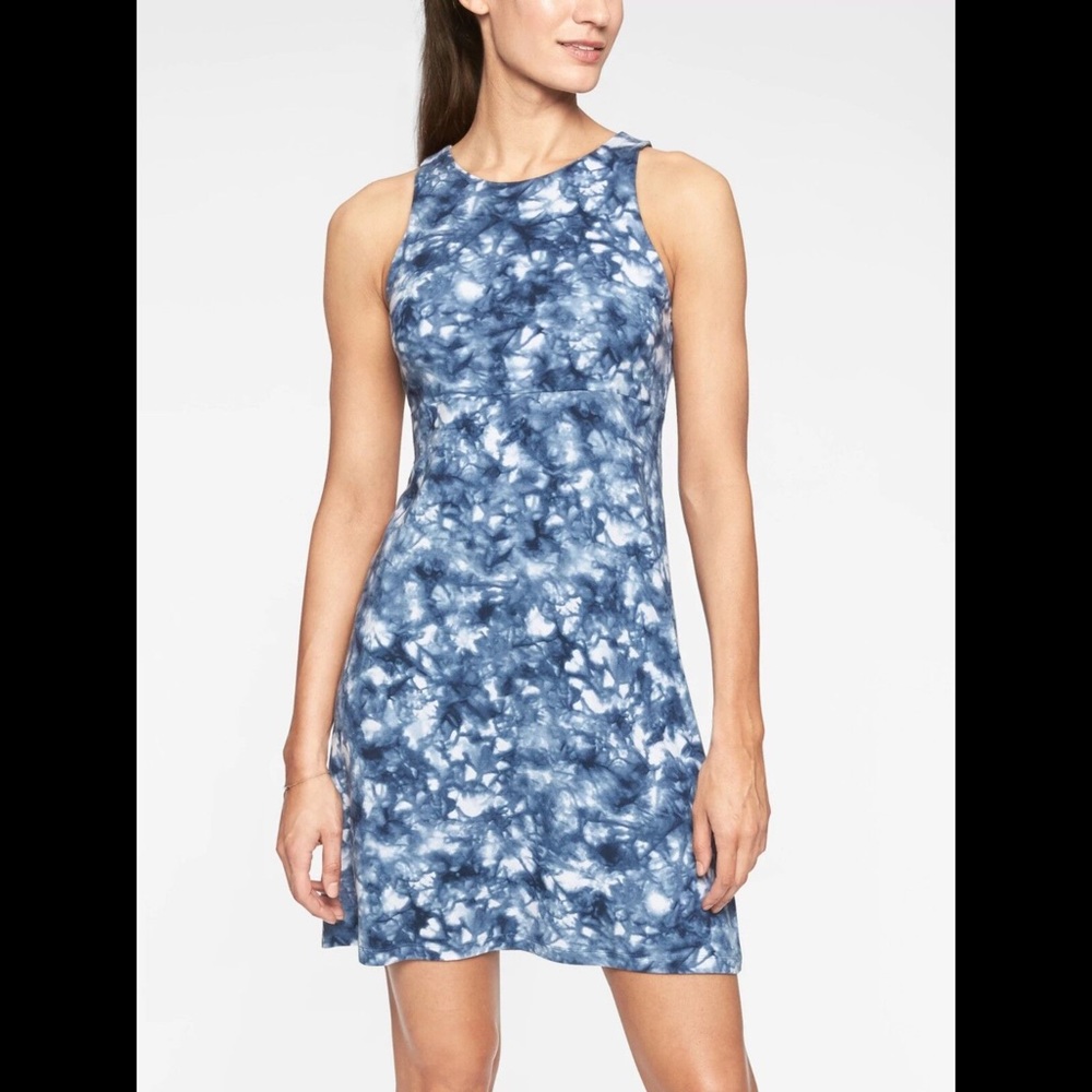 Athleta Santorini High Neck Printed Dress Rip Tide Navy‎